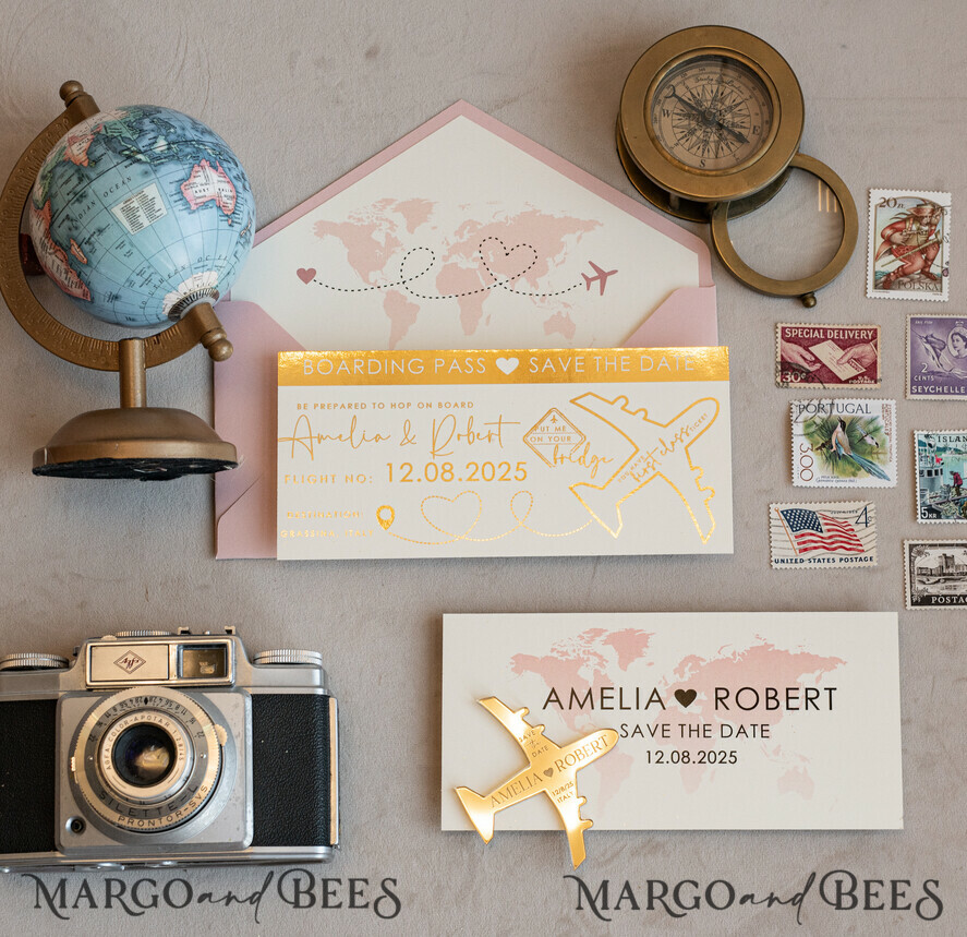 SAVE THE DATES beach travel magnets Blush Pink golden airplane magnet Save The Date Cards boardingpass travel airplane save the dates destination wedding magnets