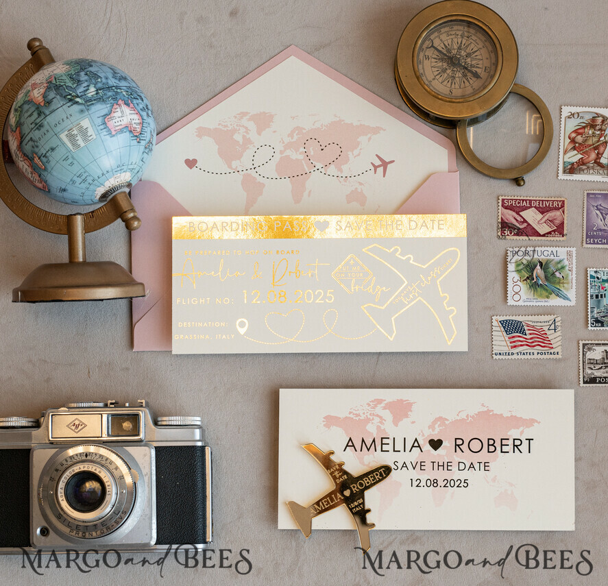 SAVE THE DATES beach travel magnets Blush Pink golden airplane magnet Save The Date Cards boardingpass travel airplane save the dates destination wedding magnets