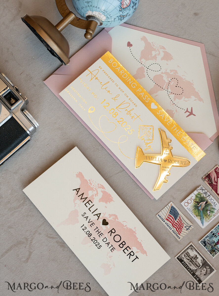 SAVE THE DATES beach travel magnets Blush Pink golden airplane magnet Save The Date Cards boardingpass travel airplane save the dates destination wedding magnets