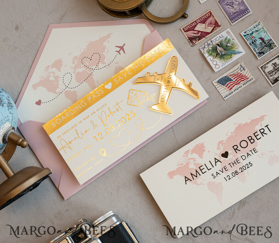 SAVE THE DATES beach travel magnets Blush Pink golden airplane magnet Save The Date Cards boardingpass travel airplane save the dates destination wedding magnets