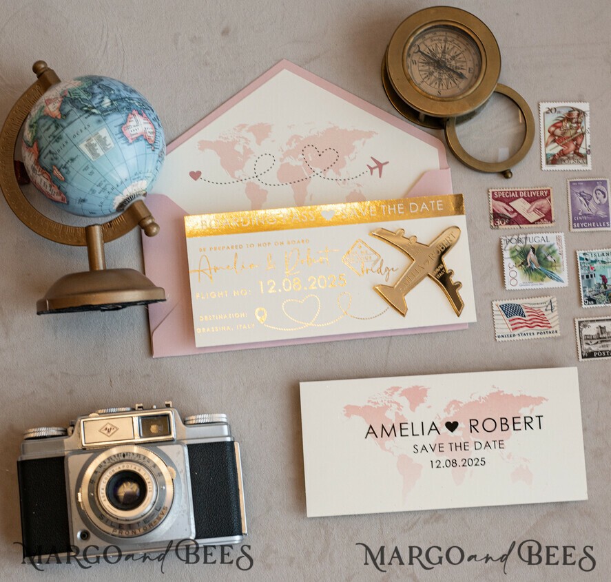 SAVE THE DATES beach travel magnets Blush Pink golden airplane magnet Save The Date Cards boardingpass travel airplane save the dates destination wedding magnets