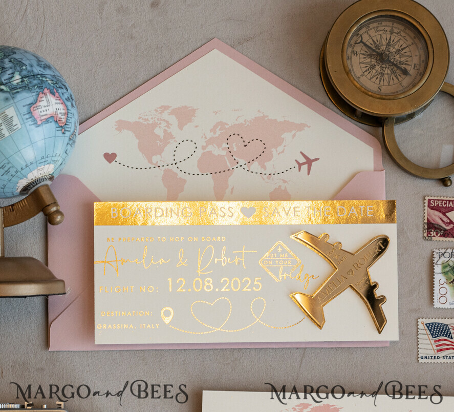 SAVE THE DATES beach travel magnets Blush Pink golden airplane magnet Save The Date Cards boardingpass travel airplane save the dates destination wedding magnets
