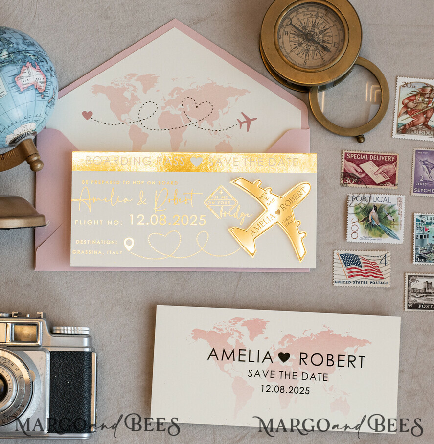 SAVE THE DATES beach travel magnets Blush Pink golden airplane magnet Save The Date Cards boardingpass travel airplane save the dates destination wedding magnets