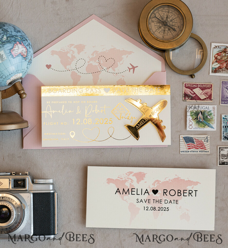SAVE THE DATES beach travel magnets Blush Pink golden airplane magnet Save The Date Cards boardingpass travel airplane save the dates destination wedding magnets