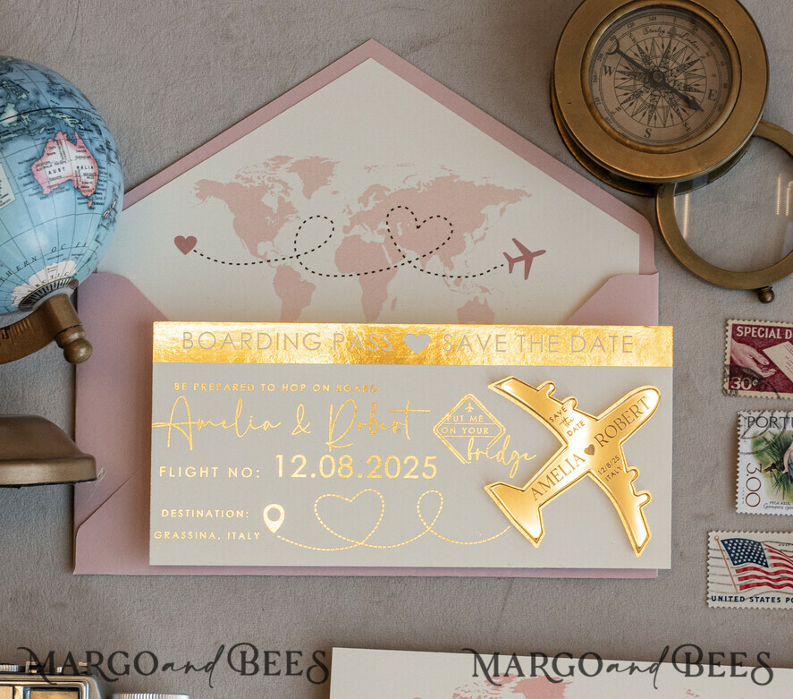 SAVE THE DATES beach travel magnets Blush Pink golden airplane magnet Save The Date Cards boardingpass travel airplane save the dates destination wedding magnets