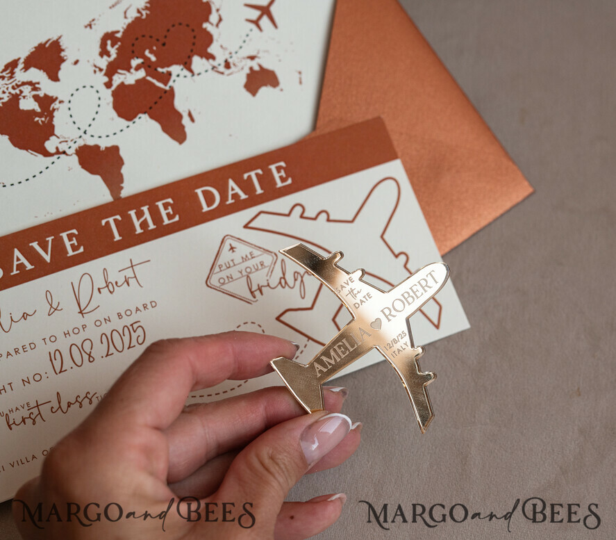 SAVE THE DATES beach travel magnets Terracotta golden airplane magnet Save The Date Cards boardingpass travel airplane save the dates destination wedding magnets