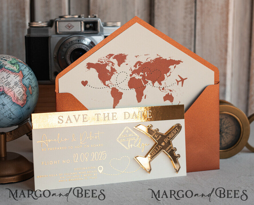 SAVE THE DATES beach travel magnets Terracotta golden airplane magnet Save The Date Cards boardingpass travel airplane save the dates destination wedding magnets