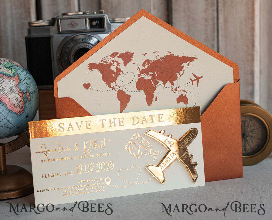 SAVE THE DATES beach travel magnets Terracotta golden airplane magnet Save The Date Cards boardingpass travel airplane save the dates destination wedding magnets