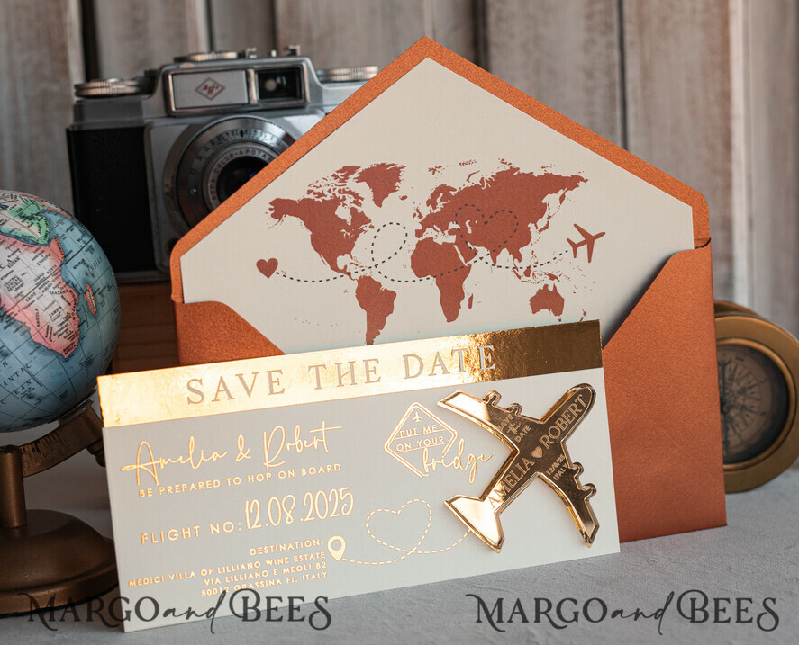 SAVE THE DATES beach travel magnets Terracotta golden airplane magnet Save The Date Cards boardingpass travel airplane save the dates destination wedding magnets