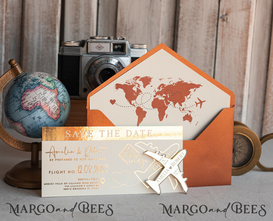 SAVE THE DATES beach travel magnets Terracotta golden airplane magnet Save The Date Cards boardingpass travel airplane save the dates destination wedding magnets