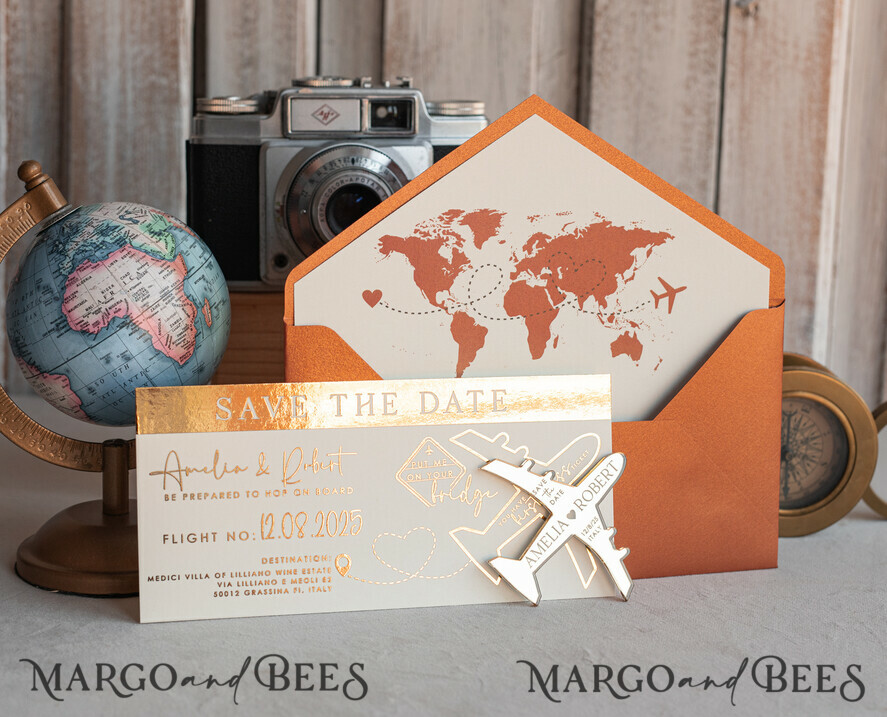 SAVE THE DATES beach travel magnets Terracotta golden airplane magnet Save The Date Cards boardingpass travel airplane save the dates destination wedding magnets