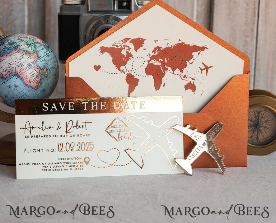 SAVE THE DATES beach travel magnets Terracotta golden airplane magnet Save The Date Cards boardingpass travel airplane save the dates destination wedding magnets