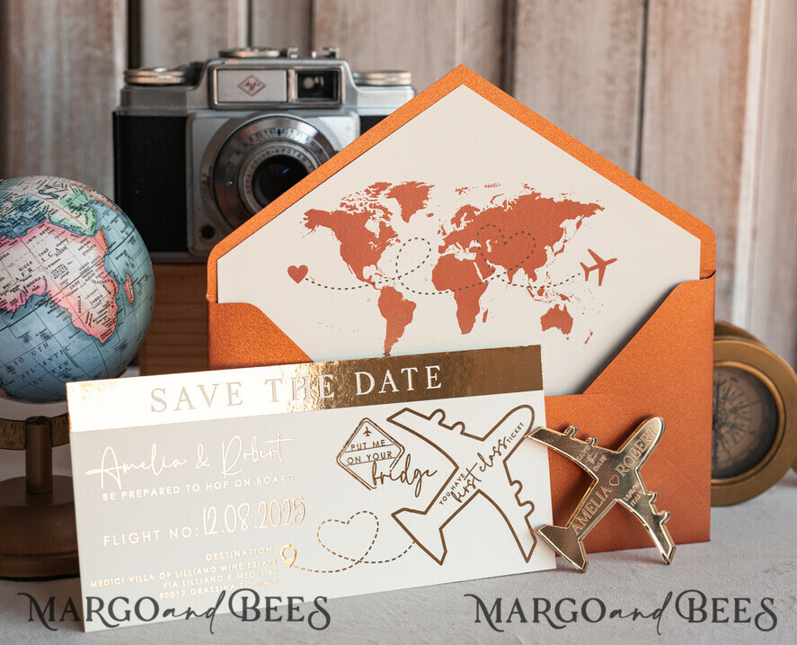 SAVE THE DATES beach travel magnets Terracotta golden airplane magnet Save The Date Cards boardingpass travel airplane save the dates destination wedding magnets