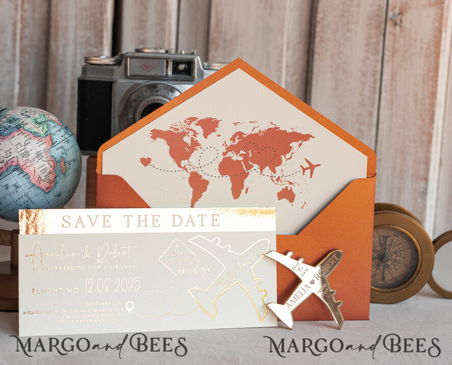 SAVE THE DATES beach travel magnets Terracotta golden airplane magnet Save The Date Cards boardingpass travel airplane save the dates destination wedding magnets
