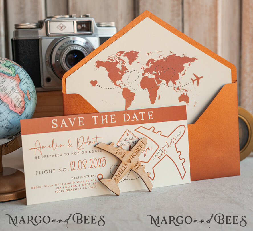 SAVE THE DATES beach travel magnets Terracotta Wooden airplane magnet Save The Date Cards boardingpass travel airplane save the dates destination wedding magnets
