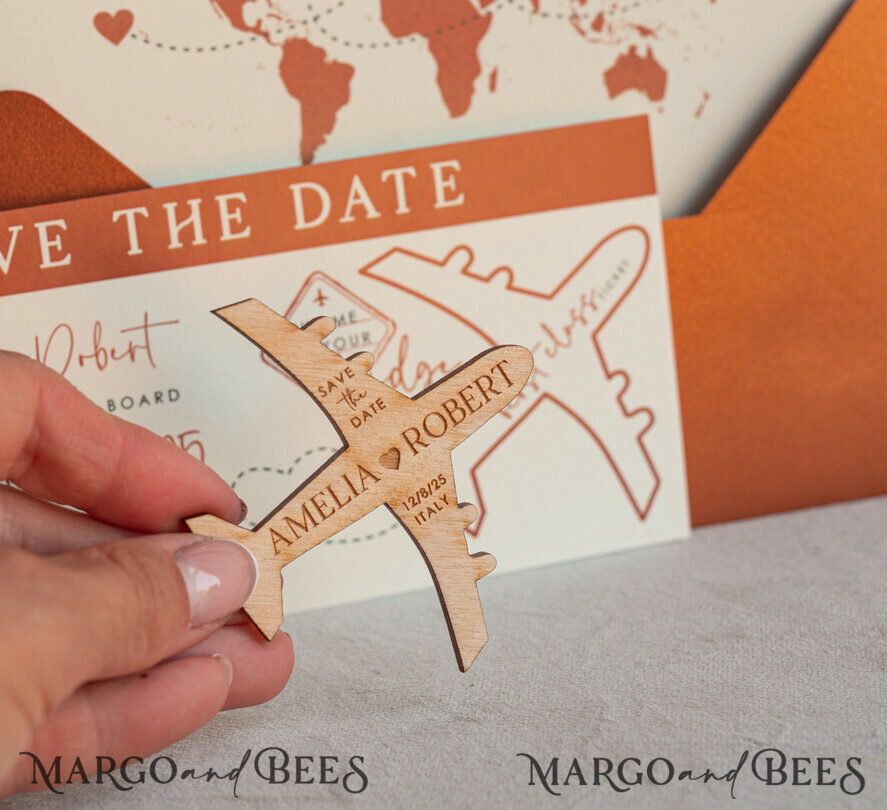 SAVE THE DATES beach travel magnets Terracotta Wooden airplane magnet Save The Date Cards boardingpass travel airplane save the dates destination wedding magnets