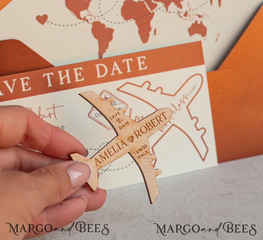 SAVE THE DATES beach travel magnets Terracotta Wooden airplane magnet Save The Date Cards boardingpass travel airplane save the dates destination wedding magnets