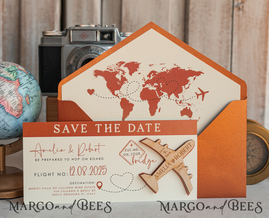SAVE THE DATES beach travel magnets Terracotta Wooden airplane magnet Save The Date Cards boardingpass travel airplane save the dates destination wedding magnets