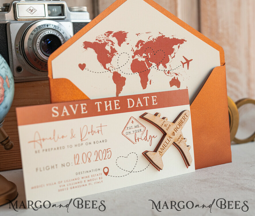 SAVE THE DATES beach travel magnets Terracotta Wooden airplane magnet Save The Date Cards boardingpass travel airplane save the dates destination wedding magnets