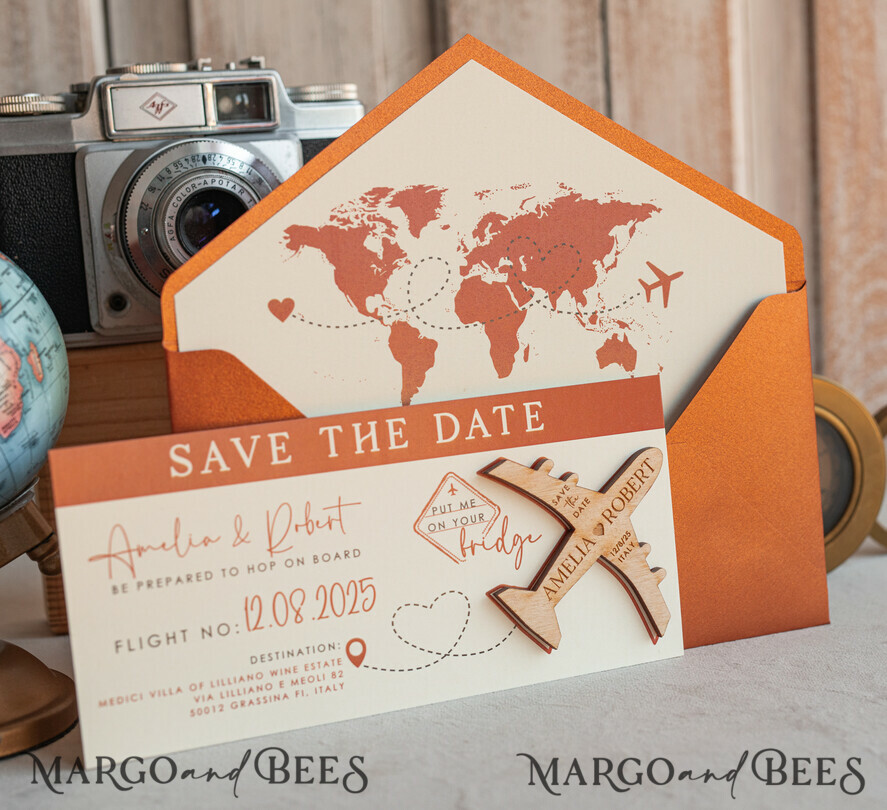 SAVE THE DATES beach travel magnets Terracotta Wooden airplane magnet Save The Date Cards boardingpass travel airplane save the dates destination wedding magnets