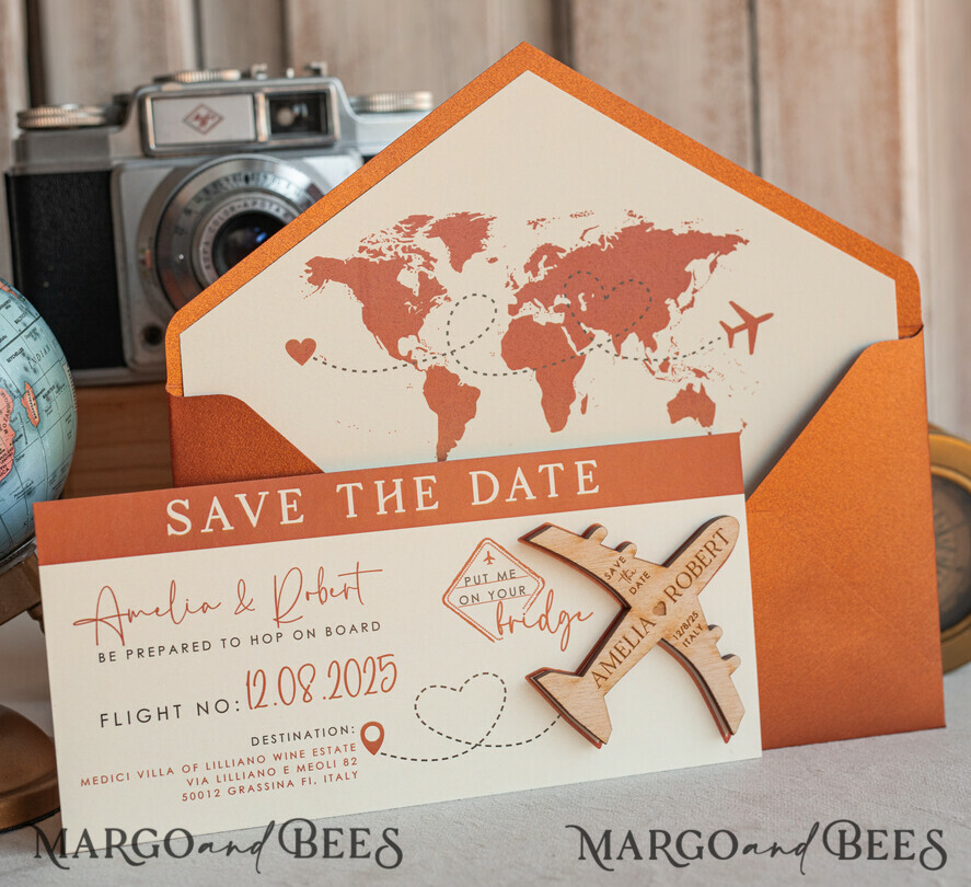 SAVE THE DATES beach travel magnets Terracotta Wooden airplane magnet Save The Date Cards boardingpass travel airplane save the dates destination wedding magnets