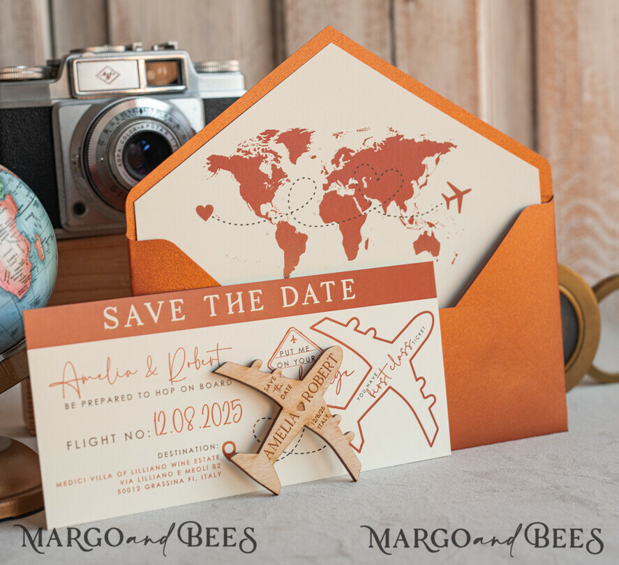 SAVE THE DATES beach travel magnets Terracotta Wooden airplane magnet Save The Date Cards boardingpass travel airplane save the dates destination wedding magnets