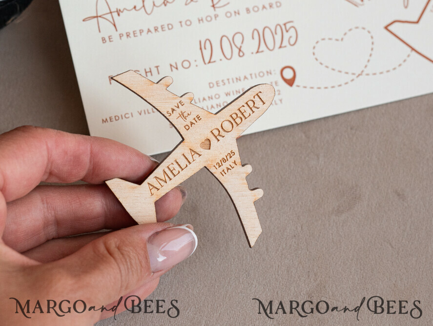SAVE THE DATES beach travel magnets Terracotta Wooden airplane magnet Save The Date Cards boardingpass travel airplane save the dates destination wedding magnets