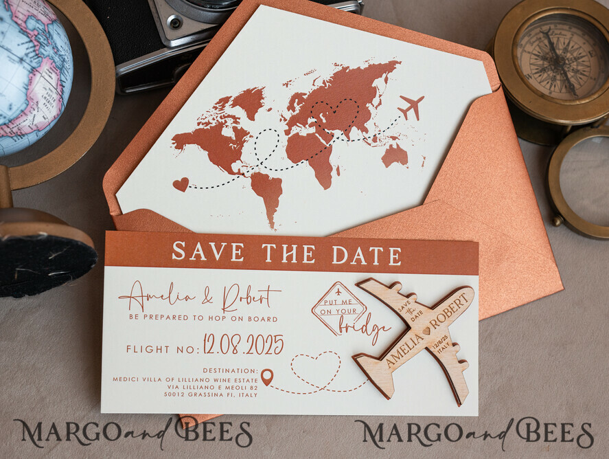 SAVE THE DATES beach travel magnets Terracotta Wooden airplane magnet Save The Date Cards boardingpass travel airplane save the dates destination wedding magnets