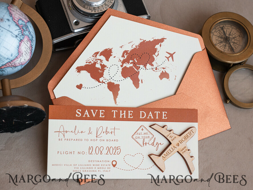 SAVE THE DATES beach travel magnets Terracotta Wooden airplane magnet Save The Date Cards boardingpass travel airplane save the dates destination wedding magnets
