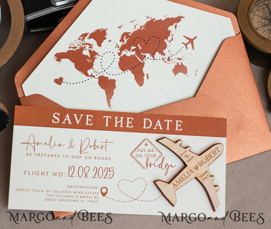 SAVE THE DATES beach travel magnets Terracotta Wooden airplane magnet Save The Date Cards boardingpass travel airplane save the dates destination wedding magnets