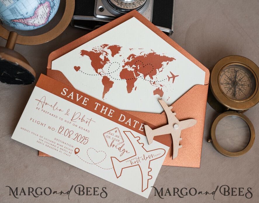 SAVE THE DATES beach travel magnets Terracotta Wooden airplane magnet Save The Date Cards boardingpass travel airplane save the dates destination wedding magnets