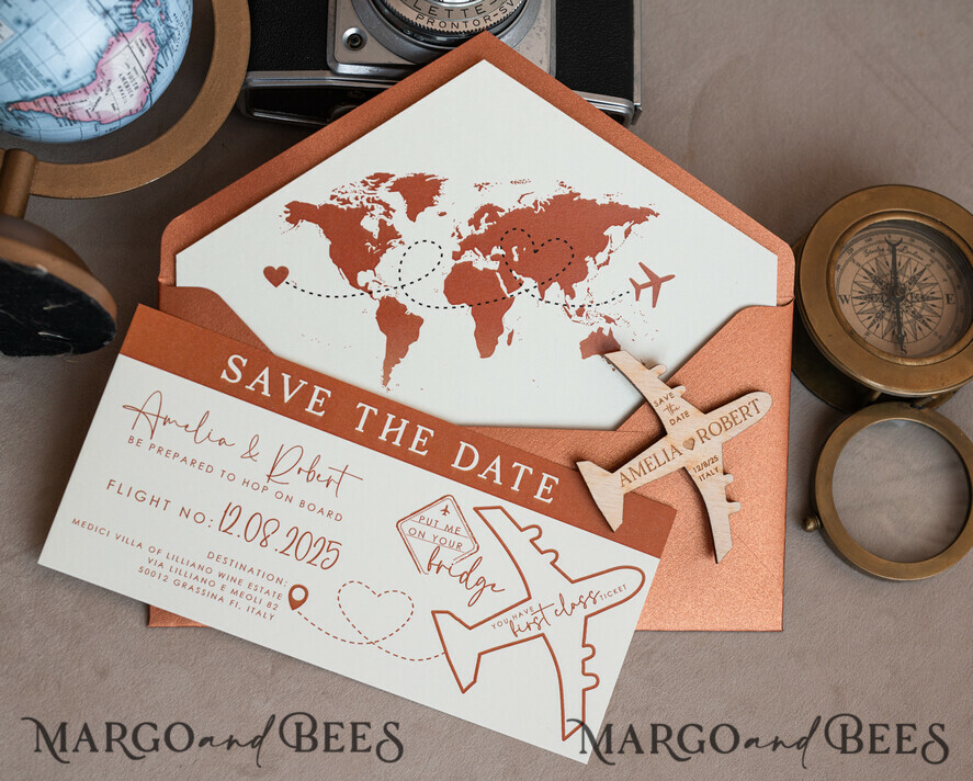 SAVE THE DATES beach travel magnets Terracotta Wooden airplane magnet Save The Date Cards boardingpass travel airplane save the dates destination wedding magnets