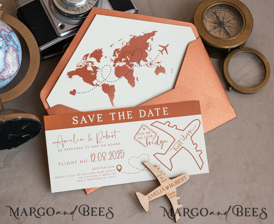 SAVE THE DATES beach travel magnets Terracotta Wooden airplane magnet Save The Date Cards boardingpass travel airplane save the dates destination wedding magnets