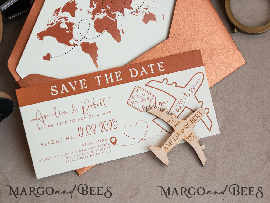 SAVE THE DATES beach travel magnets Terracotta Wooden airplane magnet Save The Date Cards boardingpass travel airplane save the dates destination wedding magnets