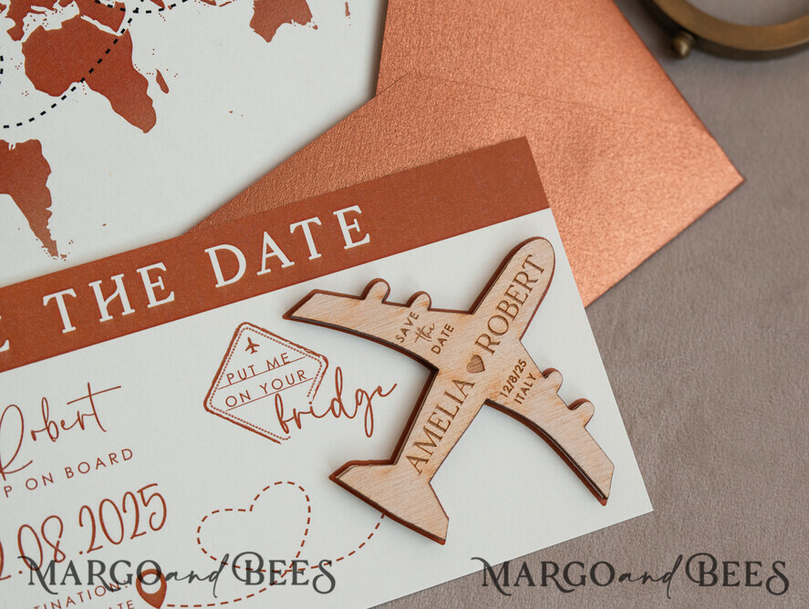 SAVE THE DATES beach travel magnets Terracotta Wooden airplane magnet Save The Date Cards boardingpass travel airplane save the dates destination wedding magnets