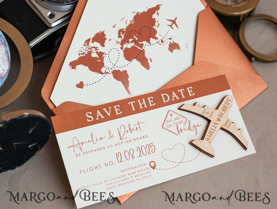 SAVE THE DATES beach travel magnets Terracotta Wooden airplane magnet Save The Date Cards boardingpass travel airplane save the dates destination wedding magnets