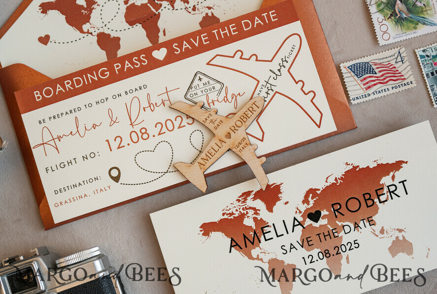 SAVE THE DATES beach travel magnets Terracotta Wooden airplane magnet Save The Date Cards boardingpass travel airplane save the dates destination wedding magnets
