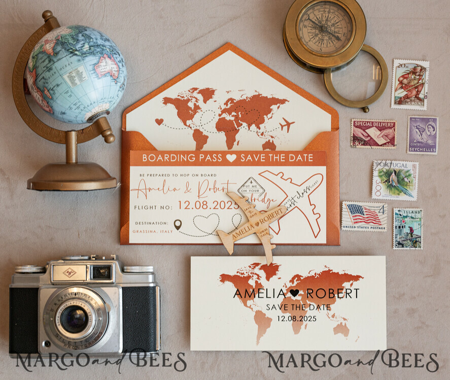 SAVE THE DATES beach travel magnets Terracotta Wooden airplane magnet Save The Date Cards boardingpass travel airplane save the dates destination wedding magnets