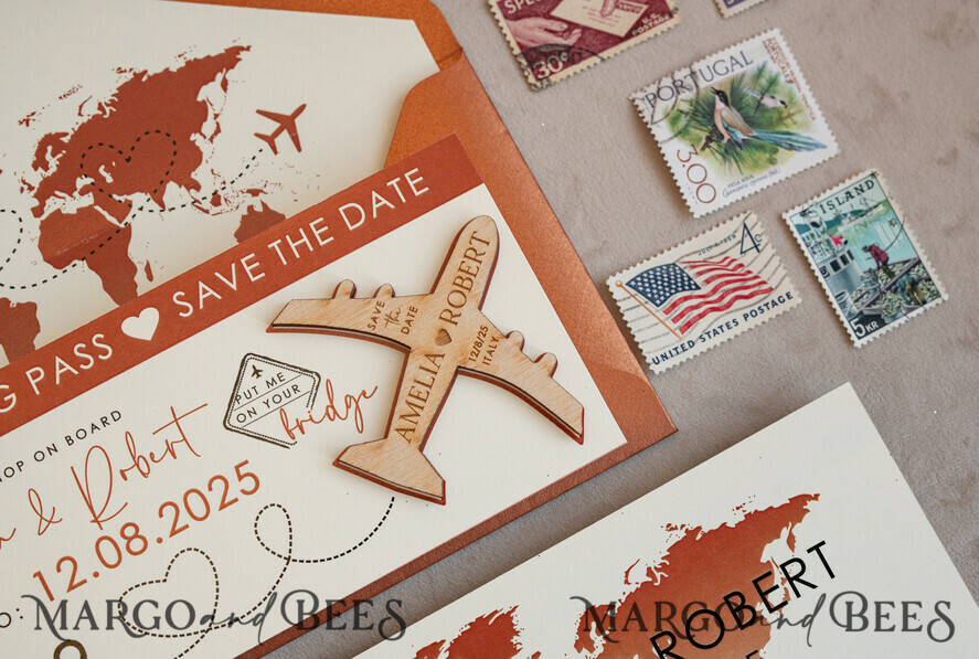 SAVE THE DATES beach travel magnets Terracotta Wooden airplane magnet Save The Date Cards boardingpass travel airplane save the dates destination wedding magnets