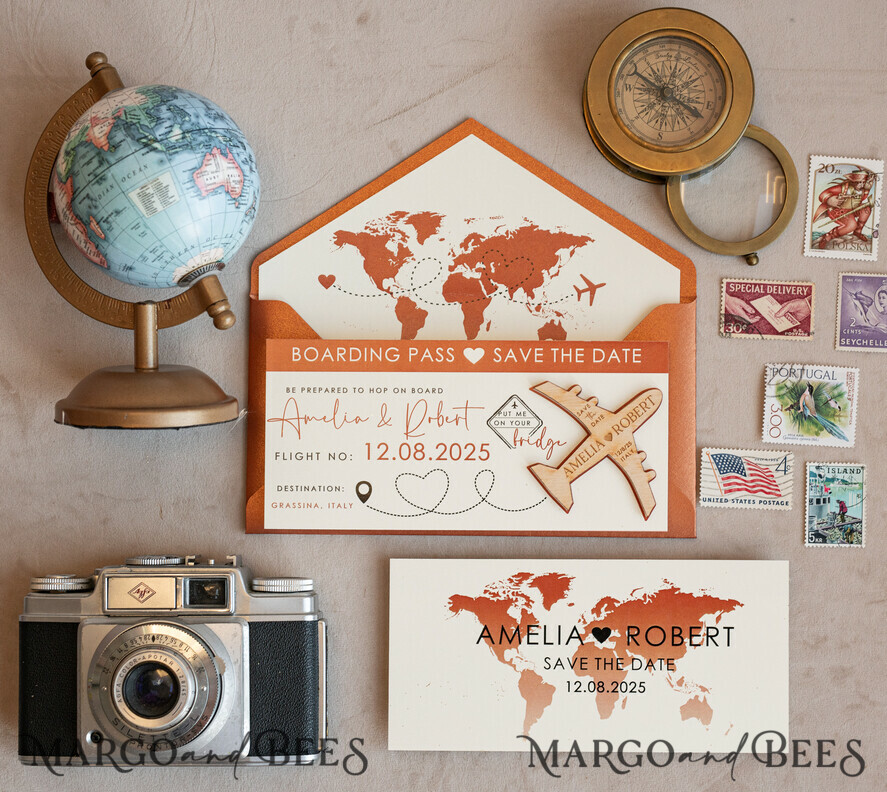 SAVE THE DATES beach travel magnets Terracotta Wooden airplane magnet Save The Date Cards boardingpass travel airplane save the dates destination wedding magnets
