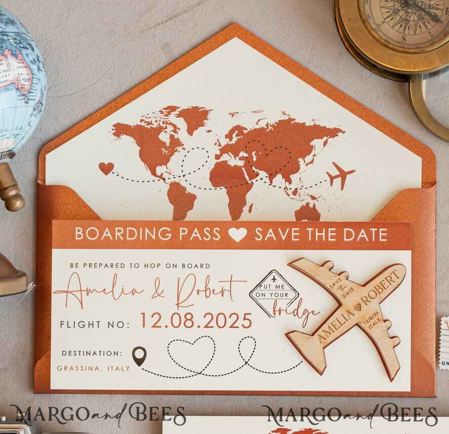 SAVE THE DATES beach travel magnets Terracotta Wooden airplane magnet Save The Date Cards boardingpass travel airplane save the dates destination wedding magnets