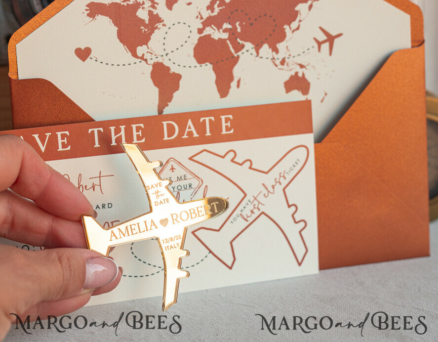SAVE THE DATES beach travel magnets Terracotta golden airplane magnet Save The Date Cards boardingpass travel airplane save the dates destination wedding magnets
