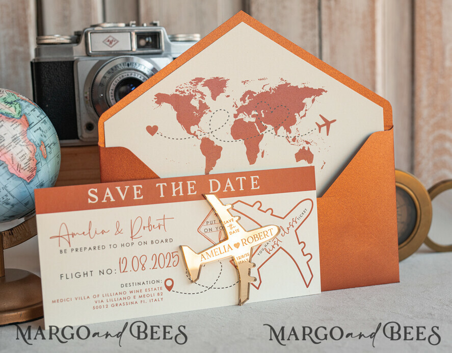 SAVE THE DATES beach travel magnets Terracotta golden airplane magnet Save The Date Cards boardingpass travel airplane save the dates destination wedding magnets