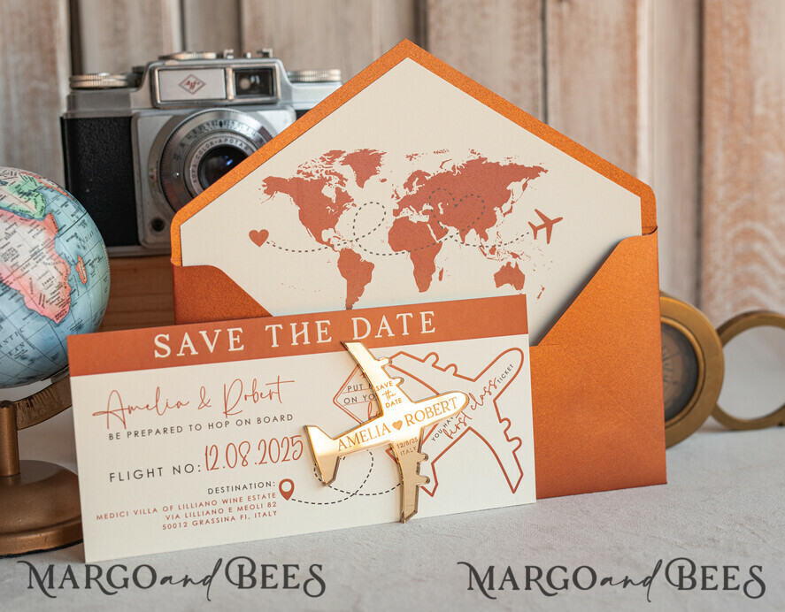 SAVE THE DATES beach travel magnets Terracotta golden airplane magnet Save The Date Cards boardingpass travel airplane save the dates destination wedding magnets