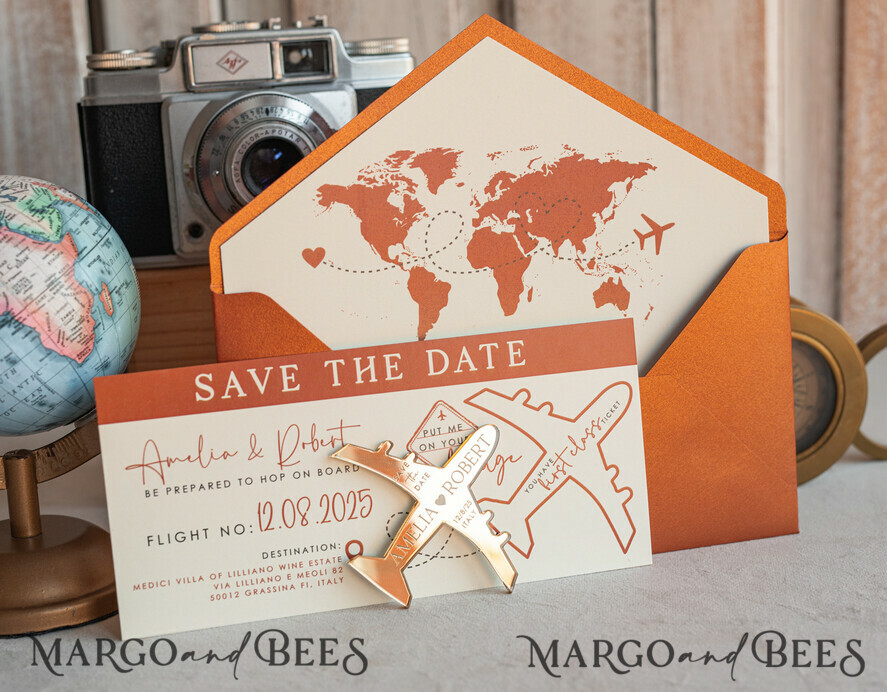 SAVE THE DATES beach travel magnets Terracotta golden airplane magnet Save The Date Cards boardingpass travel airplane save the dates destination wedding magnets