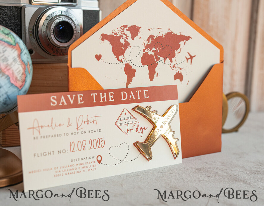 SAVE THE DATES beach travel magnets Terracotta golden airplane magnet Save The Date Cards boardingpass travel airplane save the dates destination wedding magnets