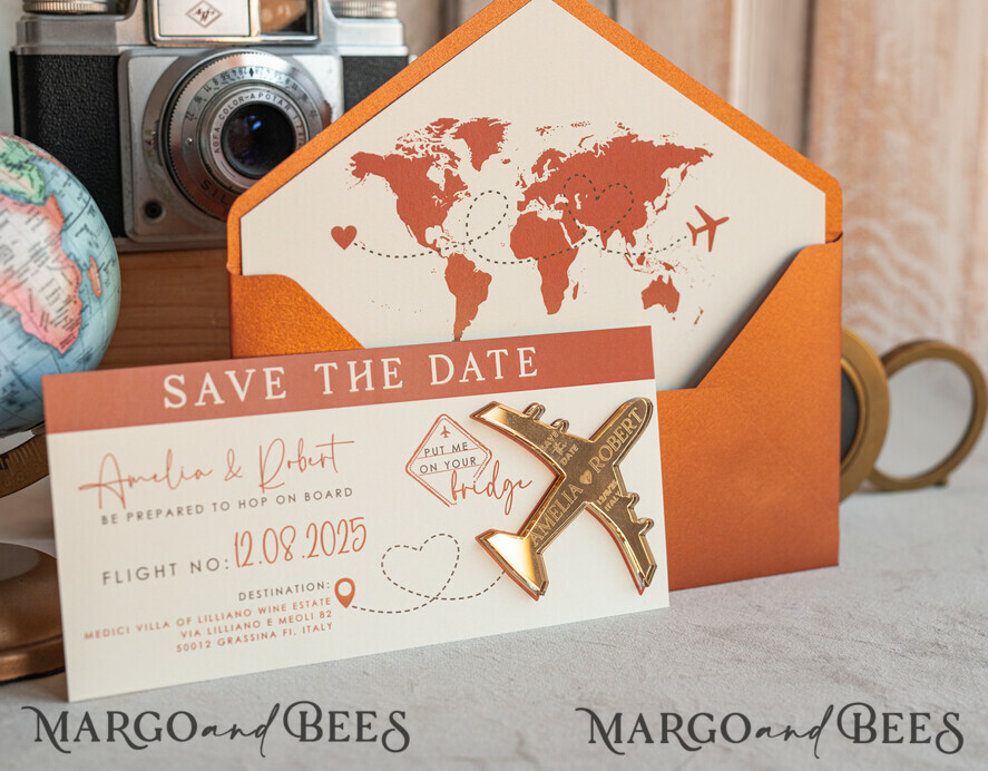 SAVE THE DATES beach travel magnets Terracotta golden airplane magnet Save The Date Cards boardingpass travel airplane save the dates destination wedding magnets