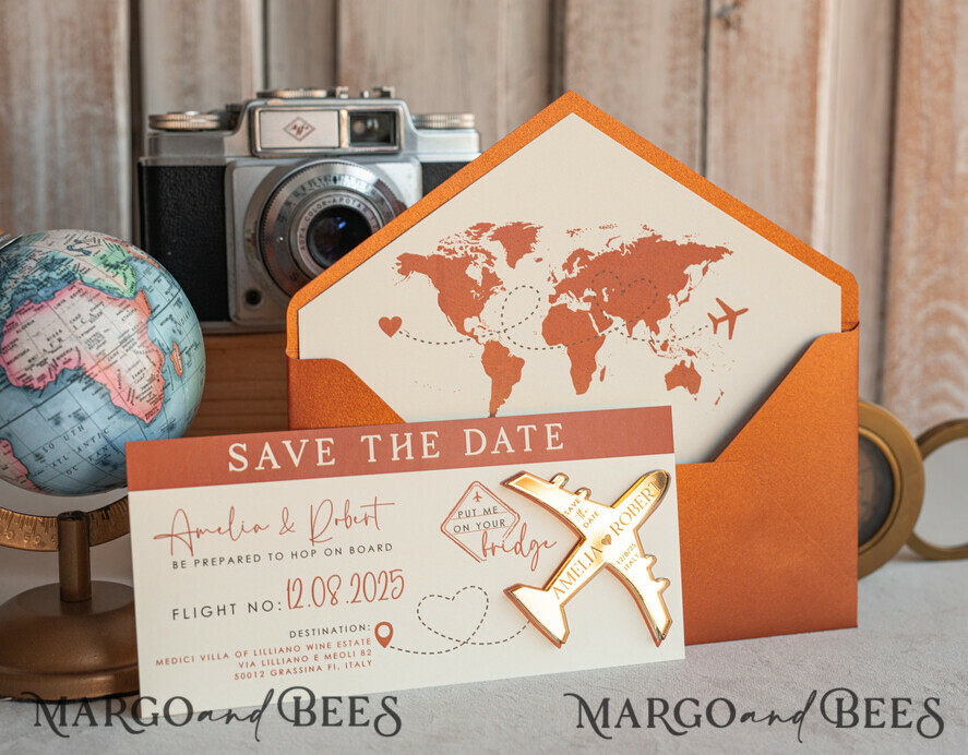 SAVE THE DATES beach travel magnets Terracotta golden airplane magnet Save The Date Cards boardingpass travel airplane save the dates destination wedding magnets