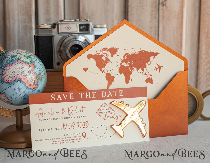 SAVE THE DATES beach travel magnets Terracotta golden airplane magnet Save The Date Cards boardingpass travel airplane save the dates destination wedding magnets
