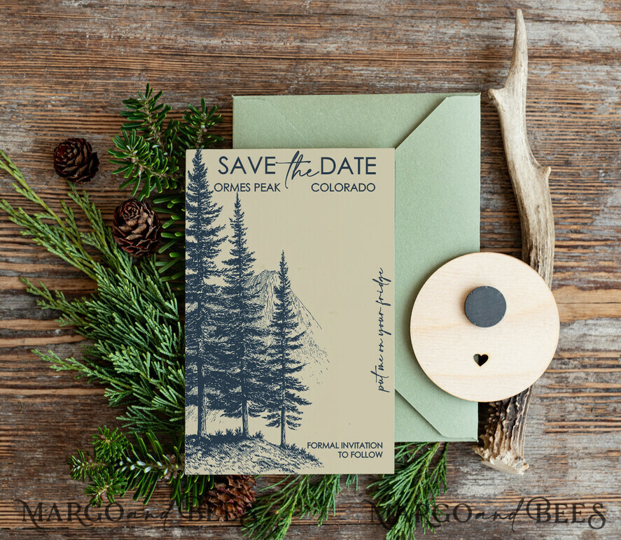 DATEN MERKEN Strand-Reise-Magnete Personalisierte Wald Berge Save the Date Magneten und Karten, Reisehochzeit Save Our Dates, Wald Holzscheibenmagneten